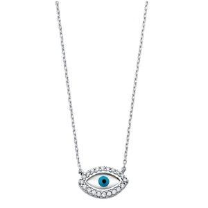 14K White Gold CZ Evil Eye Necklace - 17+1"
